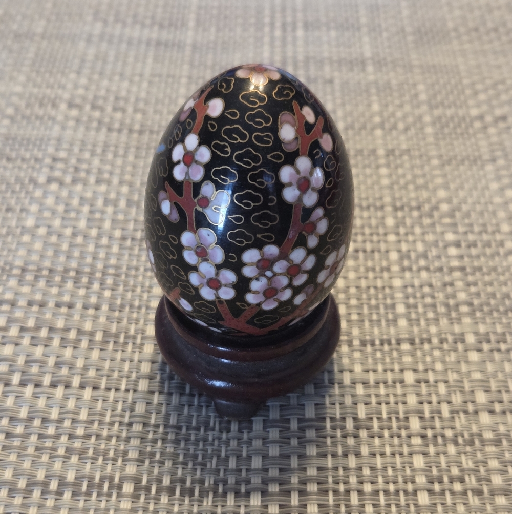 Japanese Cloisonné Egg with Wooden Stand